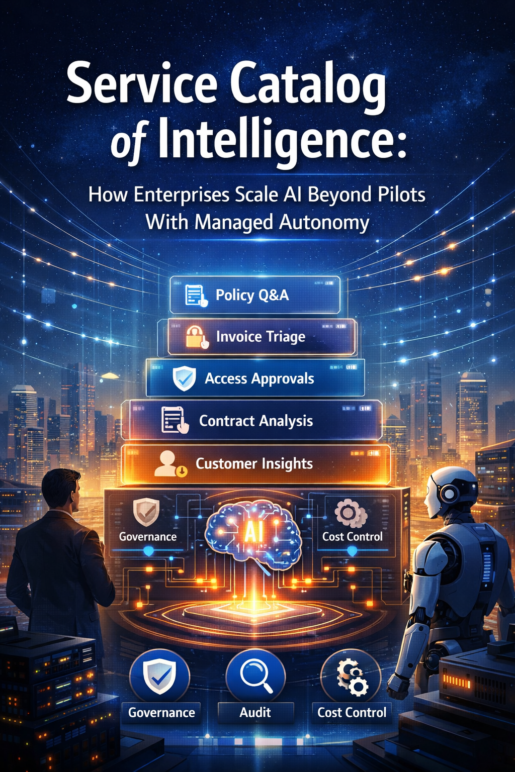 Most enterprise AI pilots fail to scale. Learn how a Service Catalog of Intelligence enables governed, reusable AI services with auditability, cost control, and managed autonomy.