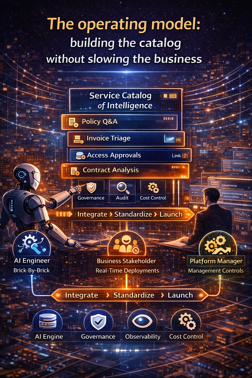 Enterprise AI scales when intelligence becomes a catalog of reusable services—each with guardrails, audit trails, and cost envelopes—so teams can consume outcomes safely without rebuilding the plumbing.