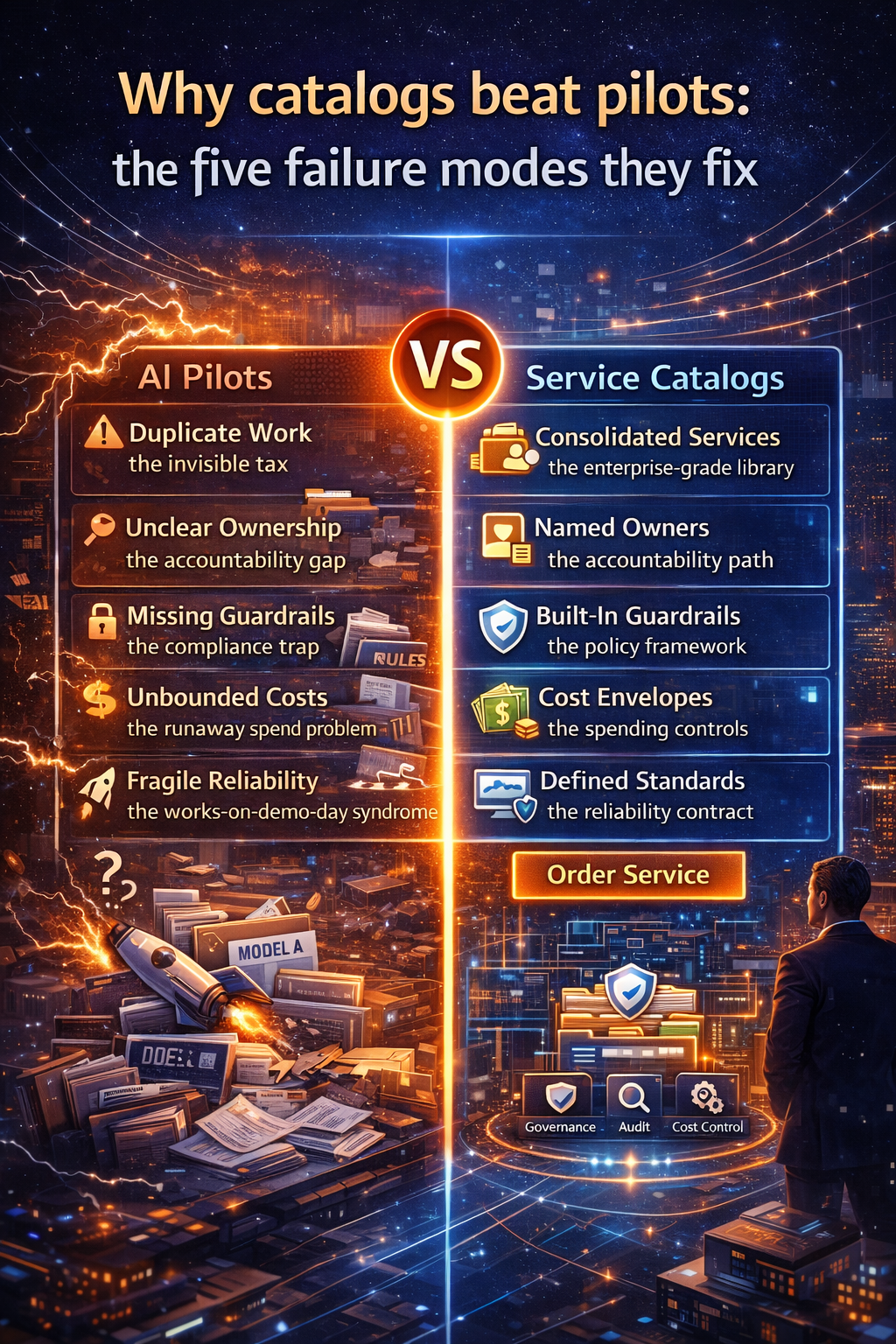 Enterprise AI scales when intelligence becomes a catalog of reusable services—each with guardrails, audit trails, and cost envelopes—so teams can consume outcomes safely without rebuilding the plumbing.