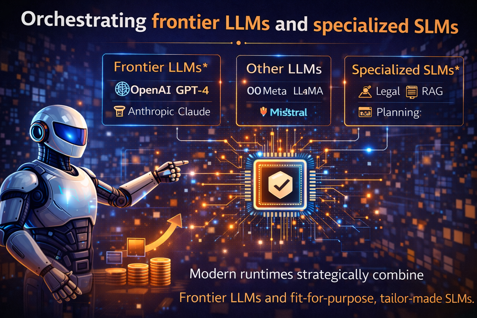 Orchestrating frontier LLMs and specialized SLMs