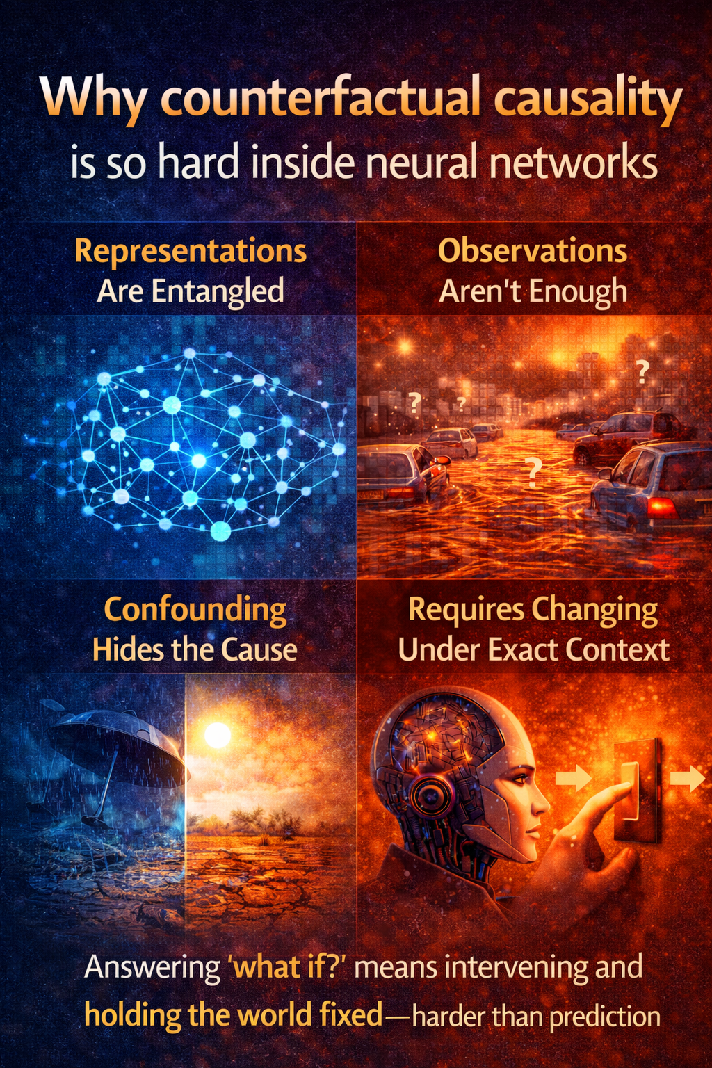 Why counterfactual causality is so hard inside neural networks