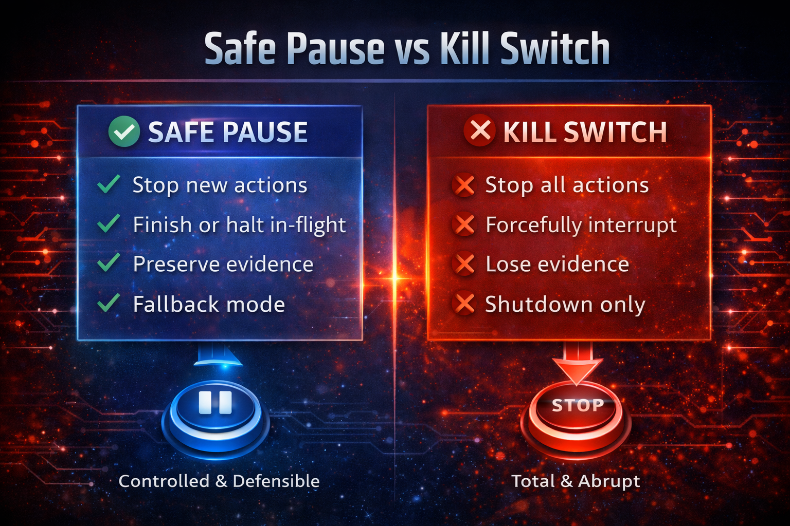 Circuit breakers and kill-switches: “safe pause,” not chaos