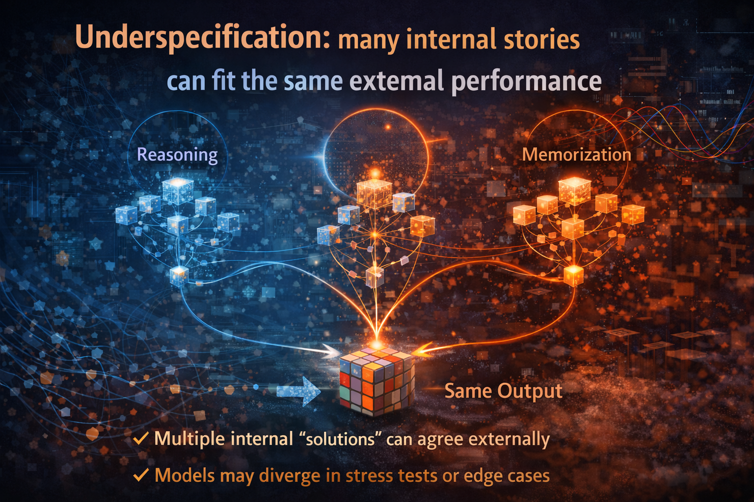 Underspecification: many internal stories can fit the same external performance