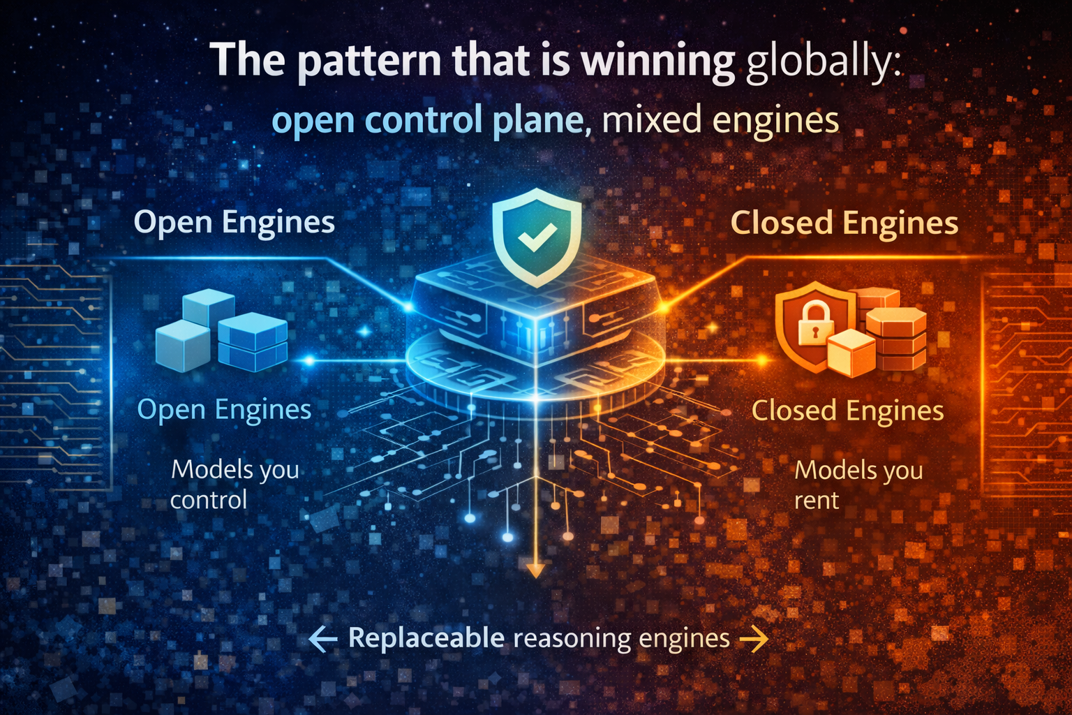 The pattern that is winning globally: open control plane, mixed engines