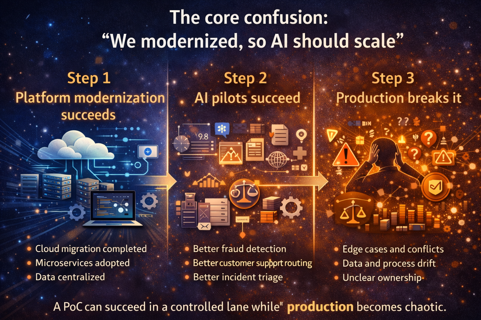 The core confusion: “We modernized, so AI should scale”
