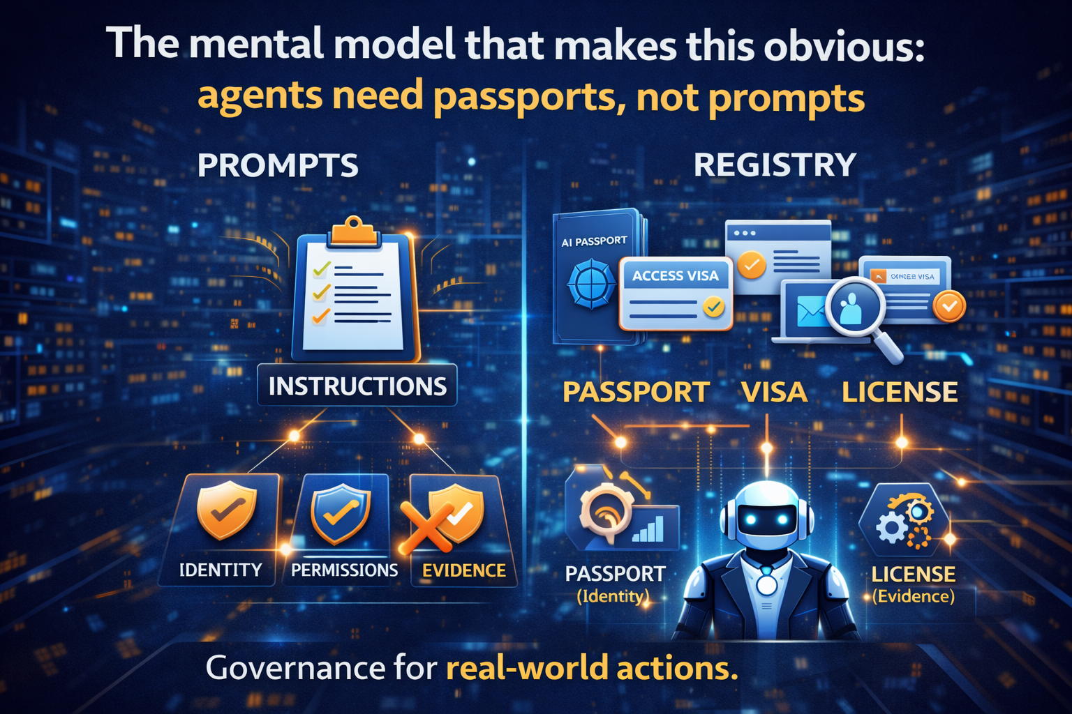 The mental model that makes this obvious: agents need passports, not prompts
