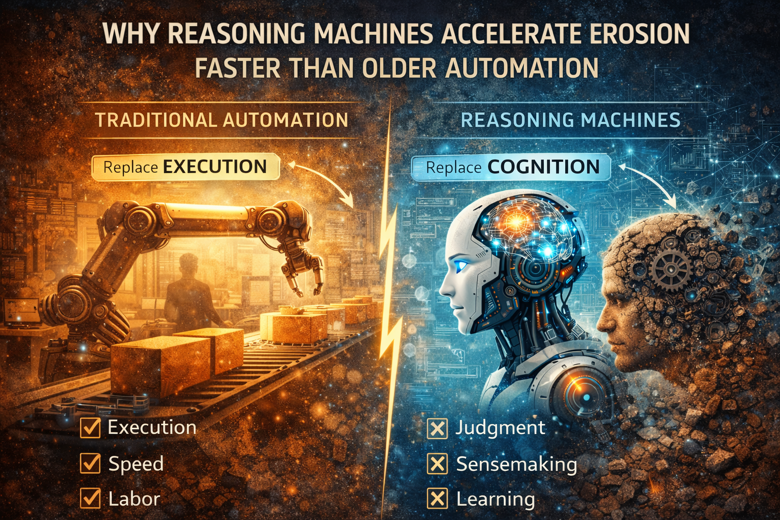 Why reasoning machines accelerate erosion faster than older automation