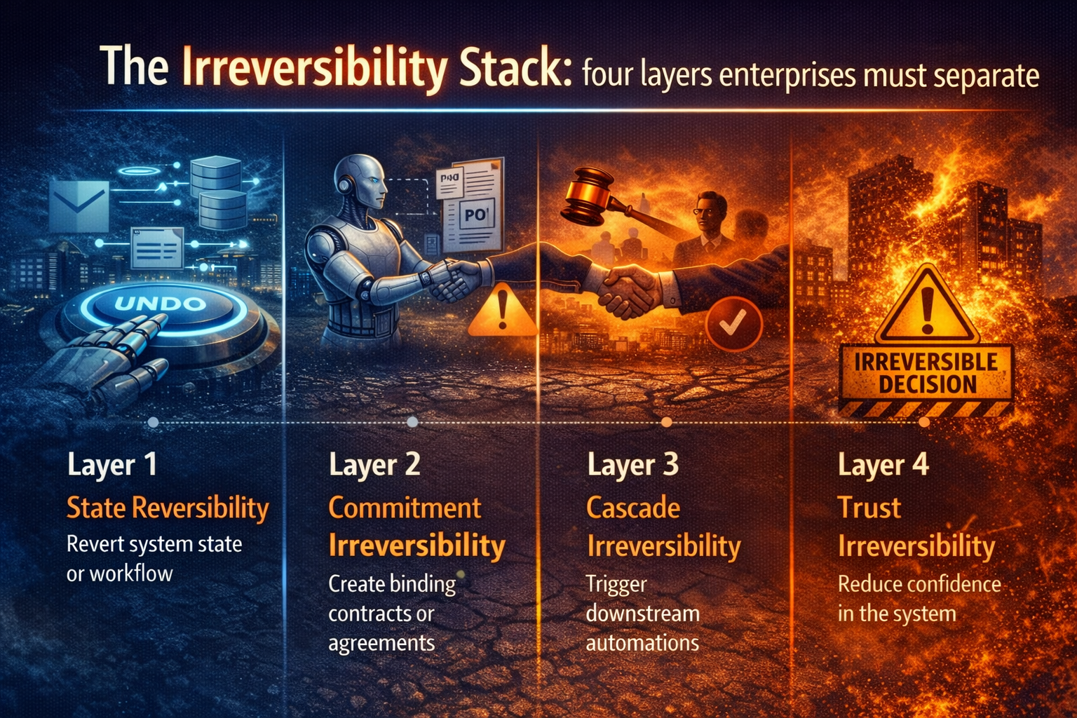 The Irreversibility Stack: four layers enterprises must separate