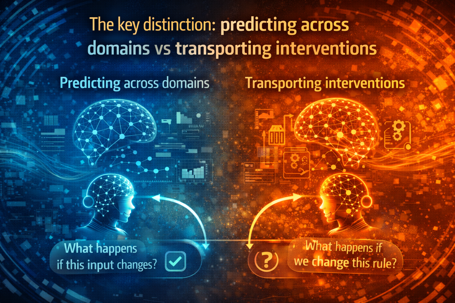 The key distinction: predicting across domains vs transporting interventions