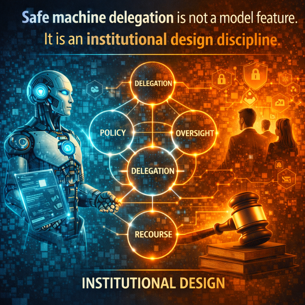 Safe machine delegation is not a model feature. It is an institutional design discipline.