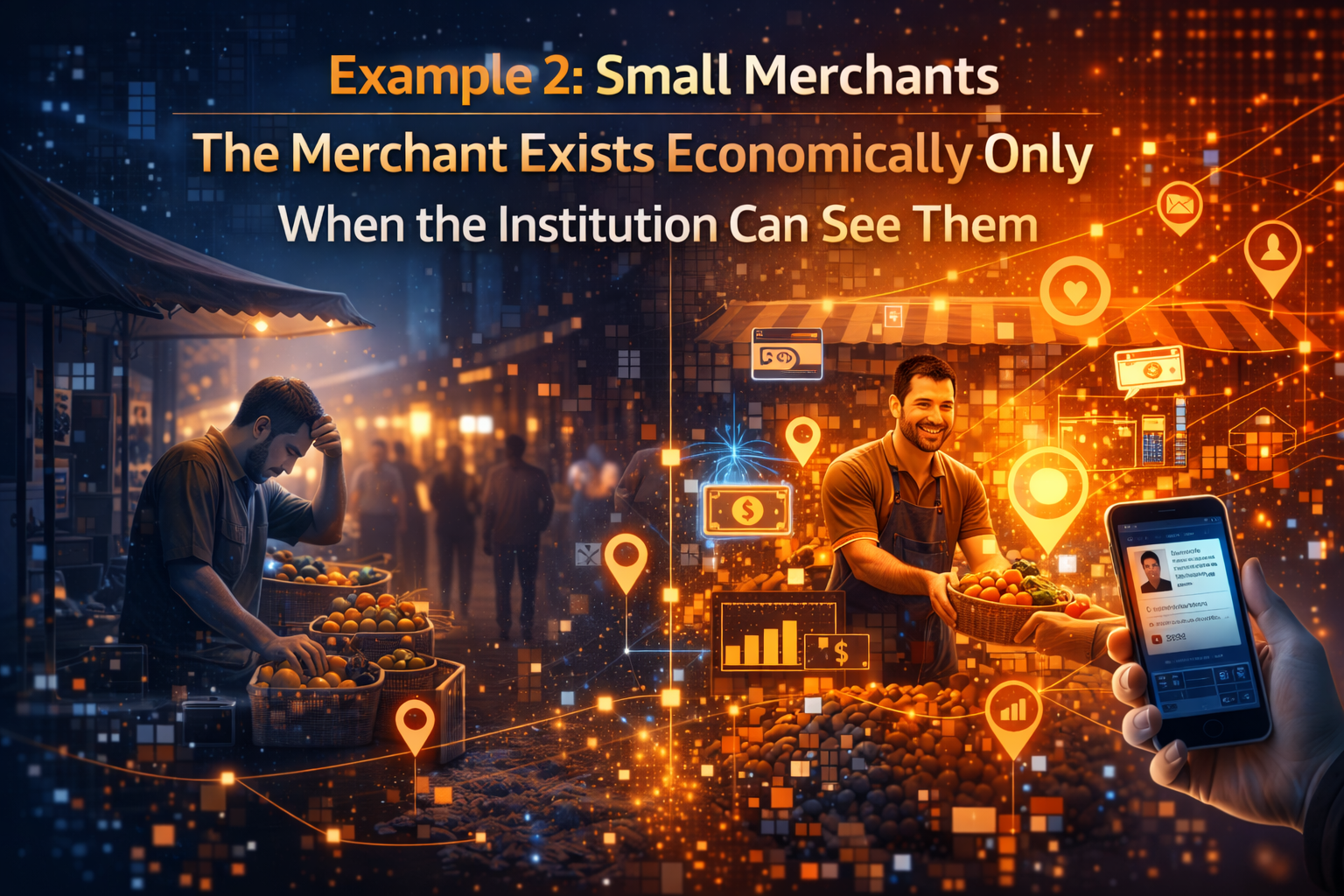Example 2: Small Merchants — The Merchant Exists Economically Only When the Institution Can See Them