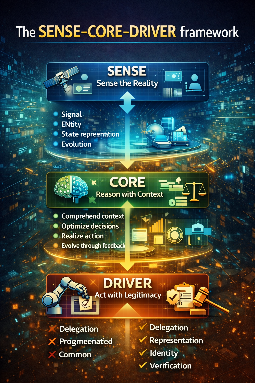 The SENSE–CORE–DRIVER framework