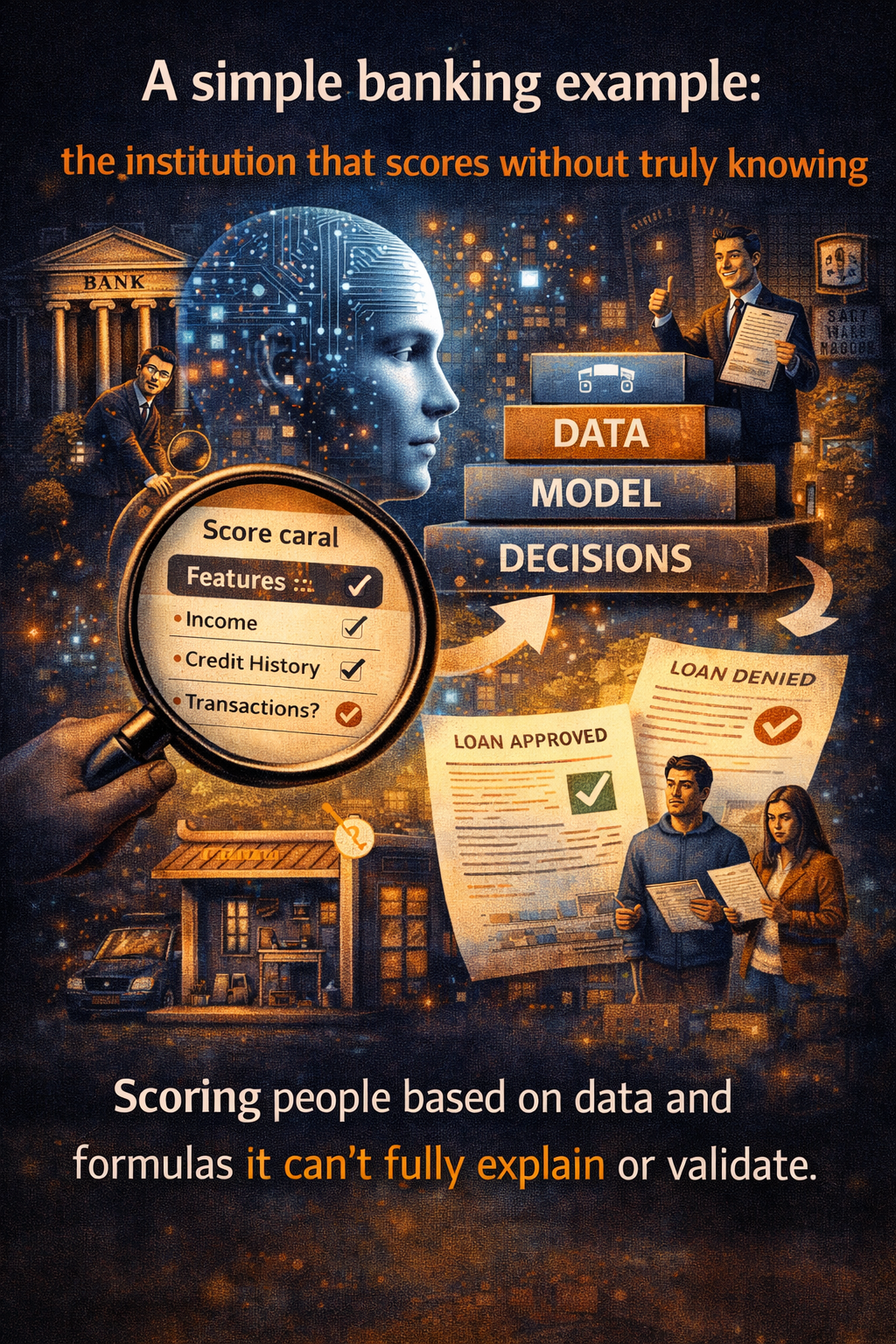 A simple banking example: the institution that scores without truly knowing