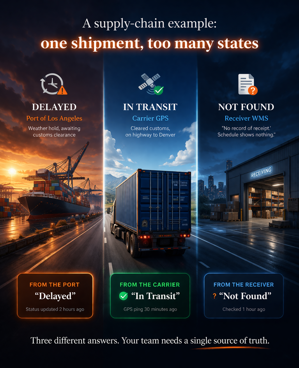 A supply-chain example: one shipment, too many states