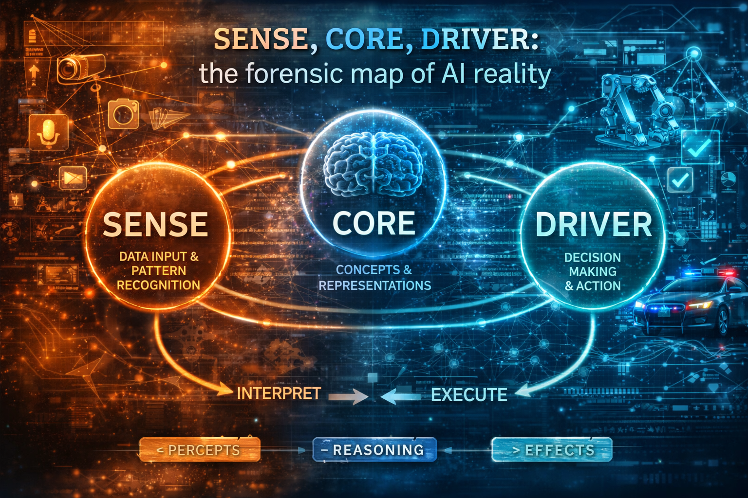 SENSE, CORE, DRIVER: the forensic map of AI reality