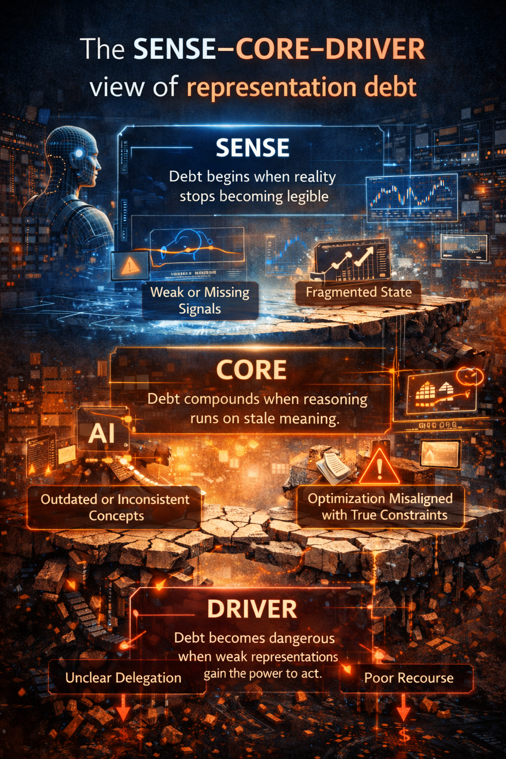 The SENSE–CORE–DRIVER view of representation debt