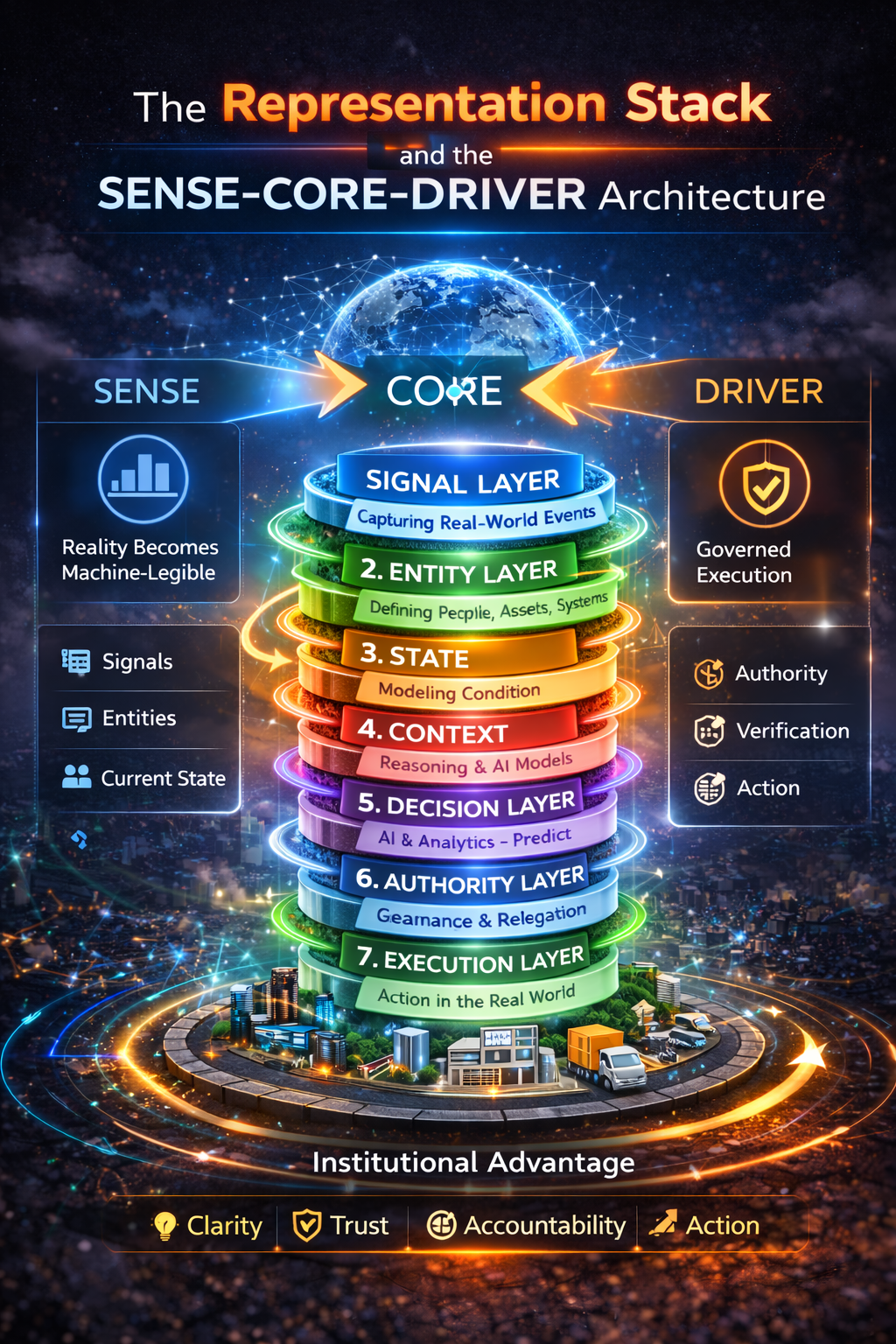 The Representation Stack and the SENSE–CORE–DRIVER Architecture