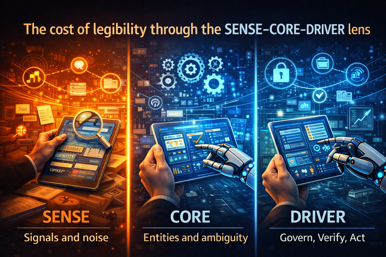 The cost of legibility through the SENSE–CORE–DRIVER lens
